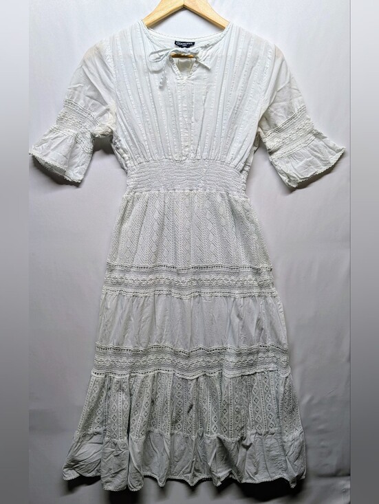 Glamour Dresses & Skirts - Glamour White Lace-Trim Maxi Dress with Smocked Waist